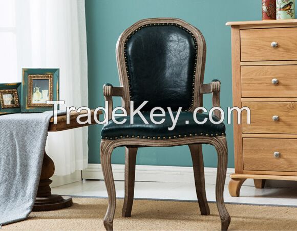 Restaurant antique solid wood pu leather armrest dining chair