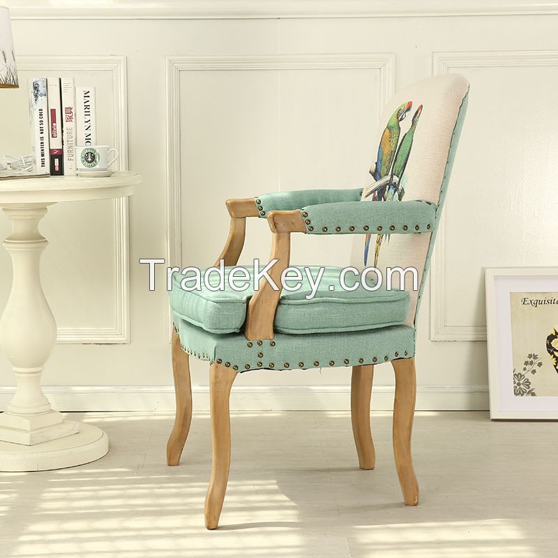 Vintage solid wood dining room chair linen upholstered armchair