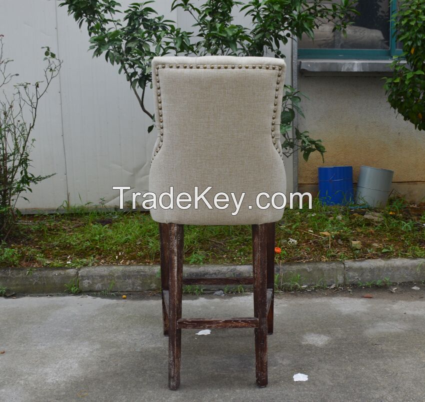 Antique classic wooden bar stool linen fabric upholstered french bar chair