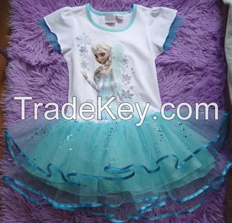 2014 newest Fashion Frozen Princess Elsa Sofia Short Sleeve Dress Children Girls Pompon Gauze Dresses Baby Girl Party Tutu Ball Gown Dresses