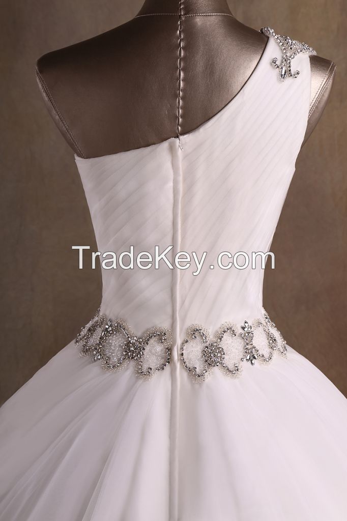 A Line One Shoulder Floor Length Tulle Beadings Wedding Dresses