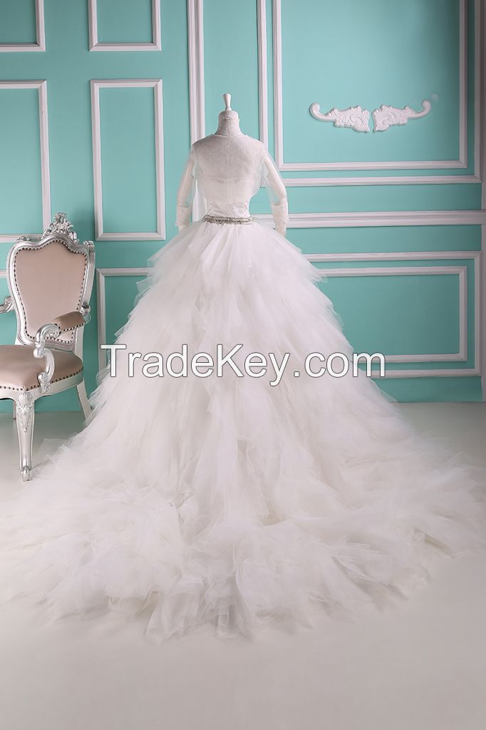 Ball Gown Strapless Floor Length Ruffle Tulle Wedding Dresses with Lce
