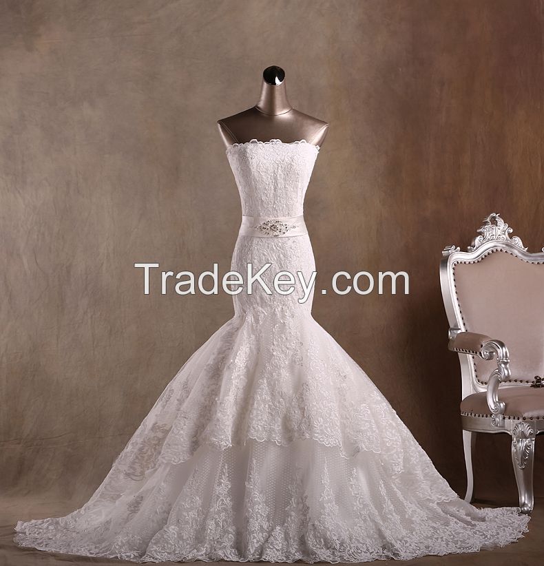 Elegant Mermaid Strapless Floor Length Lace Wedding Dresses with Beads