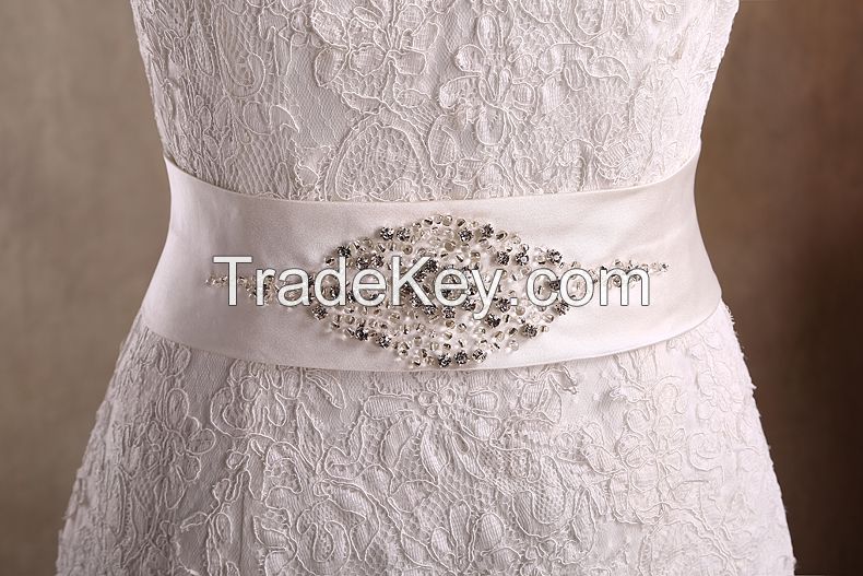 Elegant Mermaid Strapless Floor Length Lace Wedding Dresses with Beads