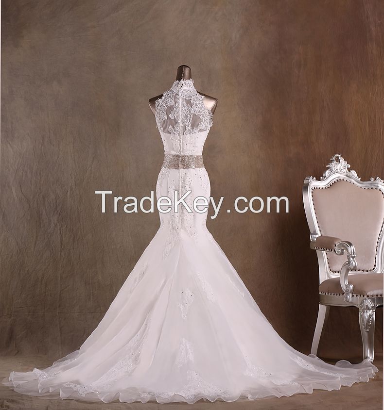 Elegant Mermaid High Neck Floor Length Lace Wedding Dresses with Beads