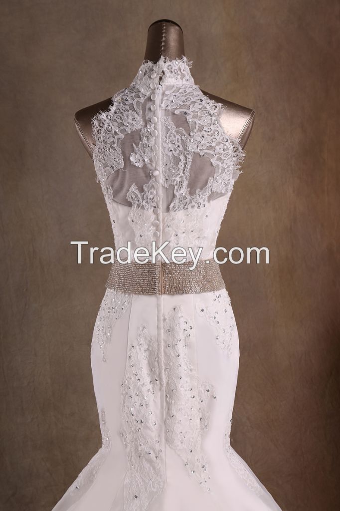 Elegant Mermaid High Neck Floor Length Lace Wedding Dresses with Beads