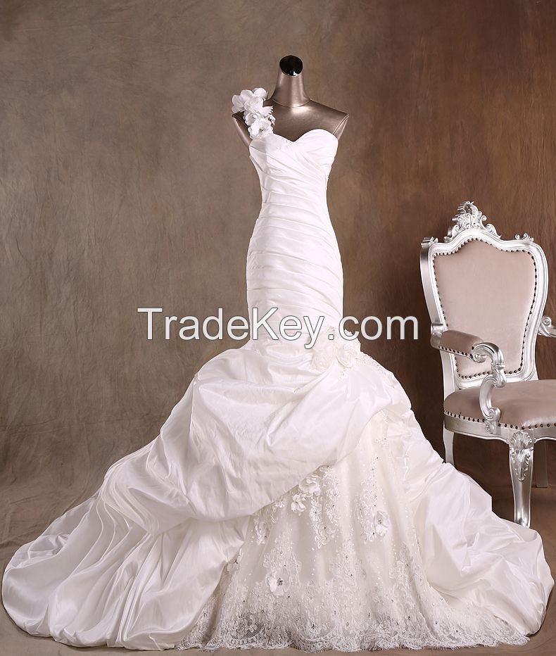 Elegant Mermaid One Shoulder Taffeta Wedding Dresses with Flowers