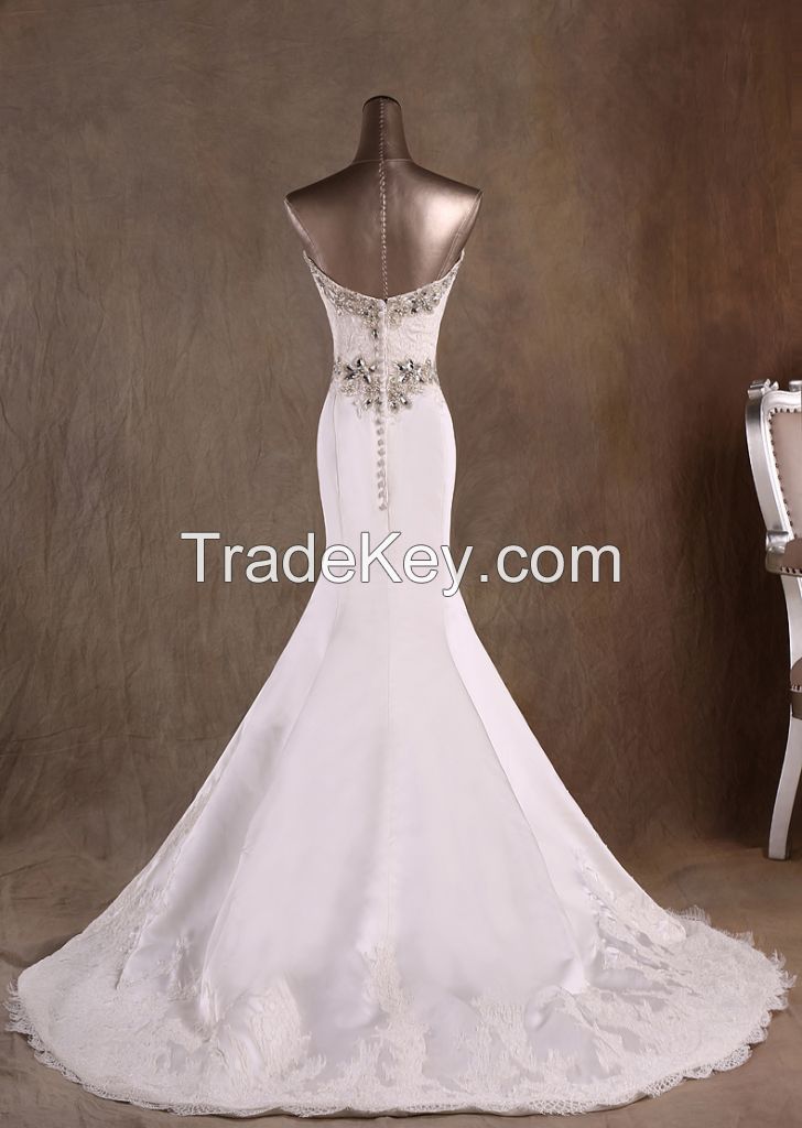 Elegant Mermaid Strapless Sweetheart Satin Wedding Dress with Crystal
