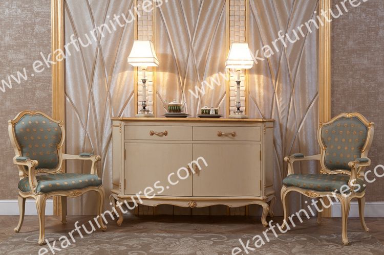 Leaf Pattern White Dining Room Buffet Cabinet 