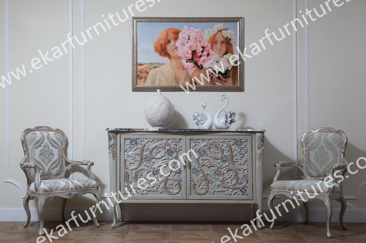 Leaf Pattern White Dining Room Buffet Cabinet 