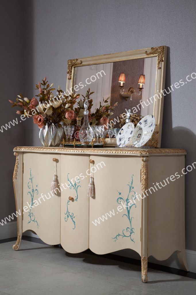 Leaf Pattern White Dining Room Buffet Cabinet