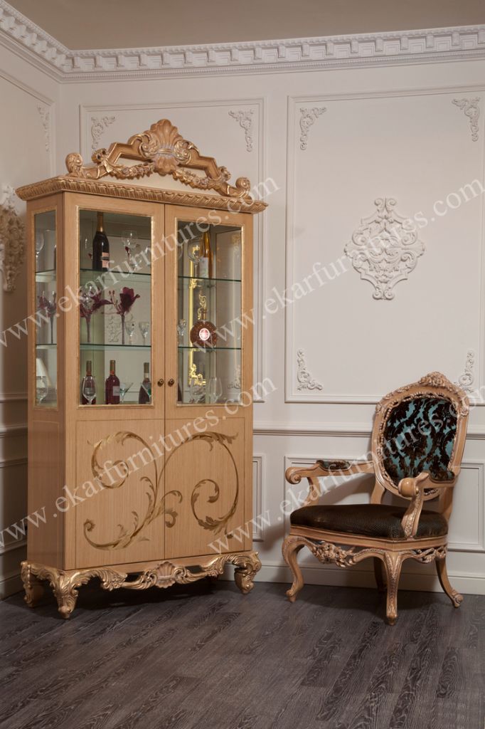 Dining Room antique wood furniture glass cabinet 2 doors golden color