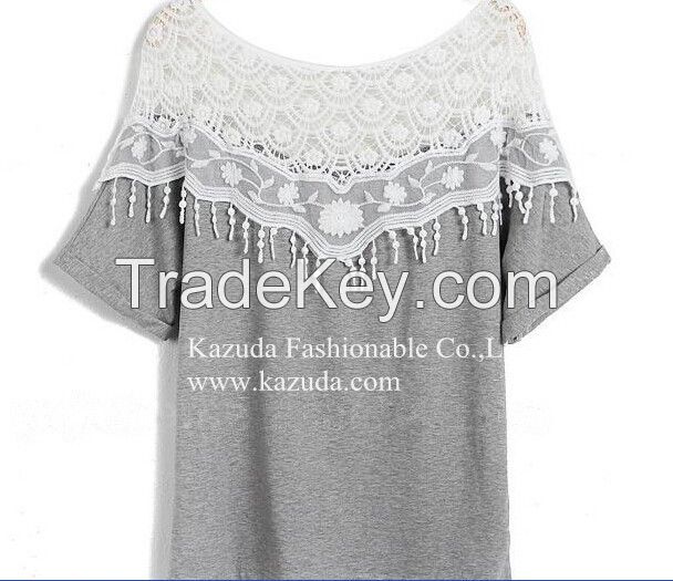 2014 sweet lace cutout shirt women handmade crochet cape collar batwing sleeve blouse medium-long t shirt female