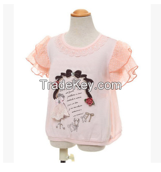 Lovely fashion graphic kids' t-shirts for girls in high quality with lace and pearls