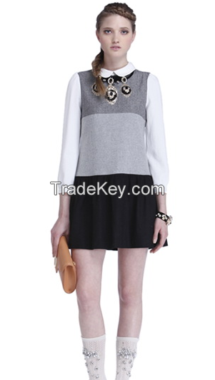 2014 New autumn Britsh style thin wool wooden cloth long-sleeved dress