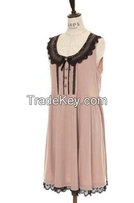 Sweet retro court flesh pink sleeveless dress with lace and pearls