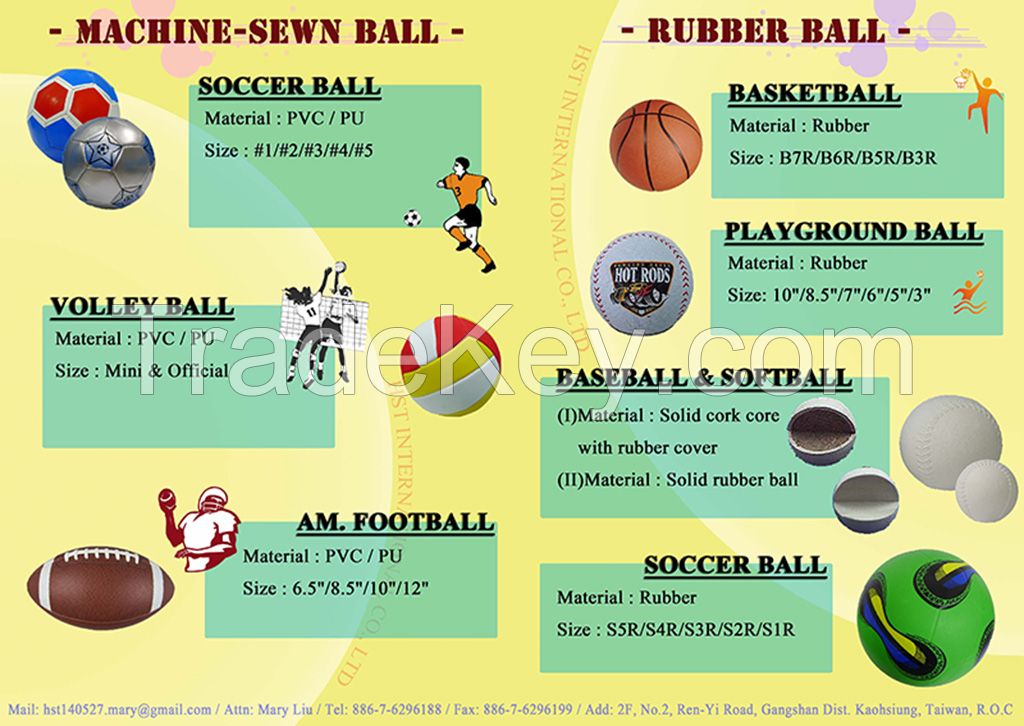 Hand-sewn, machine-sewn and rubber ball-soccer ball, volleyball, football and basketball
