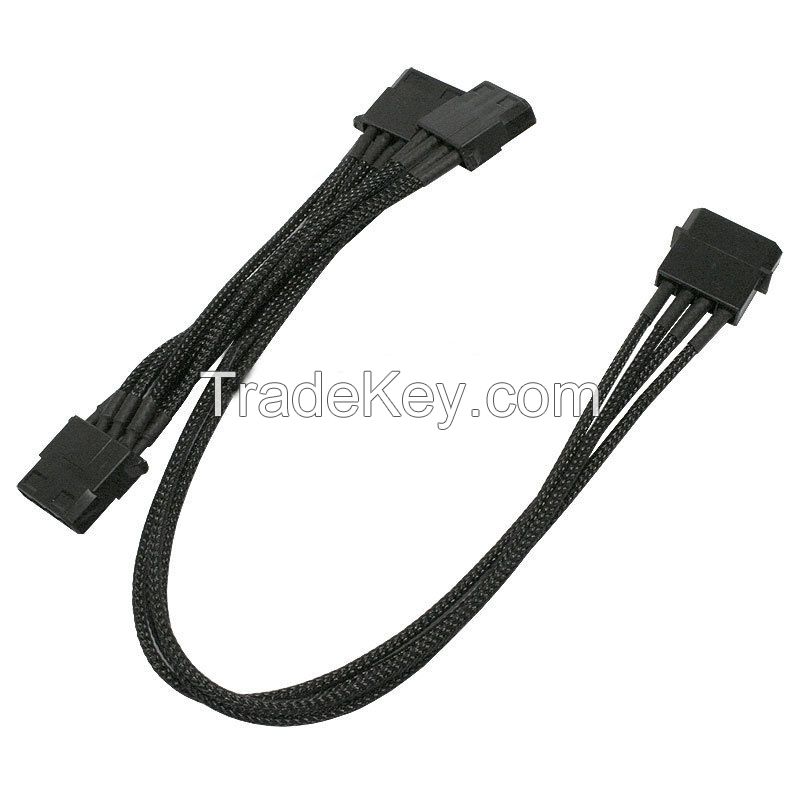 Single sleeved SATA 4Pin Molex IDE Male to 3X Molex Female power cable