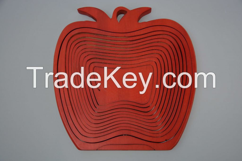 Fashion Designed Red Color Bamboo Wood Apple Collapsible Fruit Floding Basket Potpourri Handy Trivet Table Countertop
