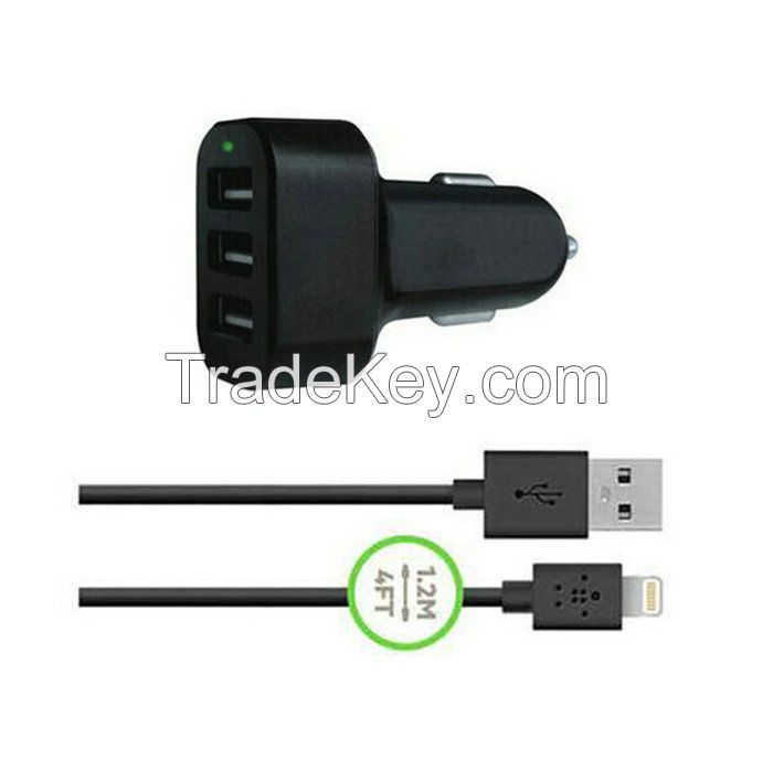 Triple USB Ports Car Charger with 5.1A Output, 2.1A Max Output for Single USB Port, Blue LED Indicator, ABS+PC