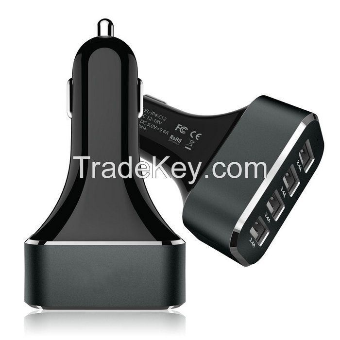 4 USB Ports Car Charger with 9.6A Output, 2.4A Max Output for Single USB Port, Blue LED Indicator, Aluminum Case