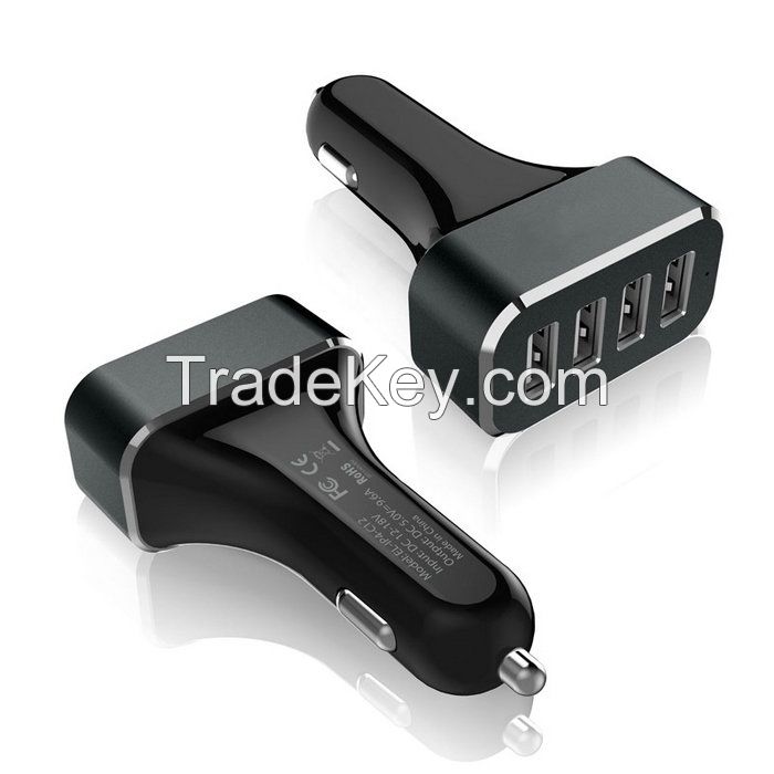 4 USB Ports Car Charger with 9.6A Output, 2.4A Max Output for Single USB Port, Blue LED Indicator, Aluminum Case