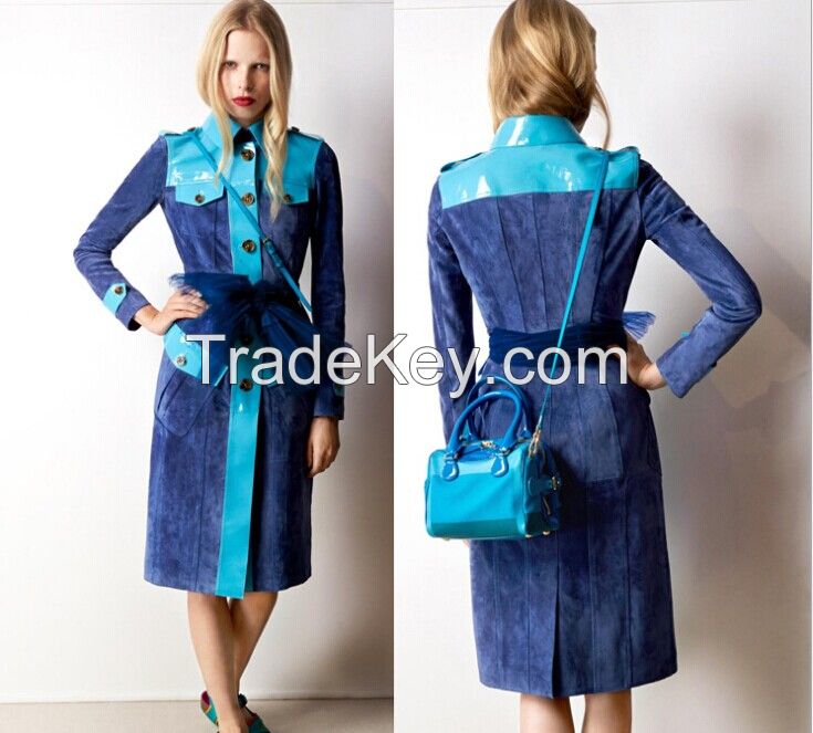 Blue Sueded patent leather Maxi overcoat new spring fashion/Casual women's Trench Coat long Outerwear loose clothes for lady