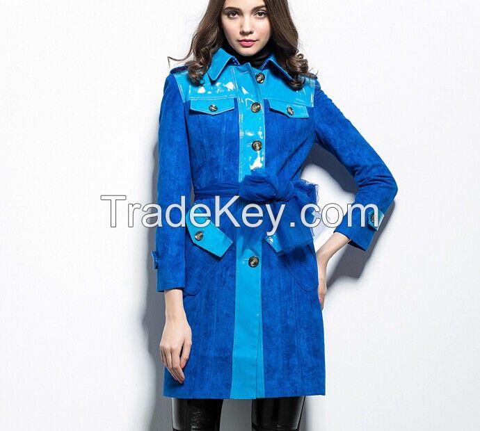 Blue Sueded patent leather Maxi overcoat new spring fashion/Casual women's Trench Coat long Outerwear loose clothes for lady