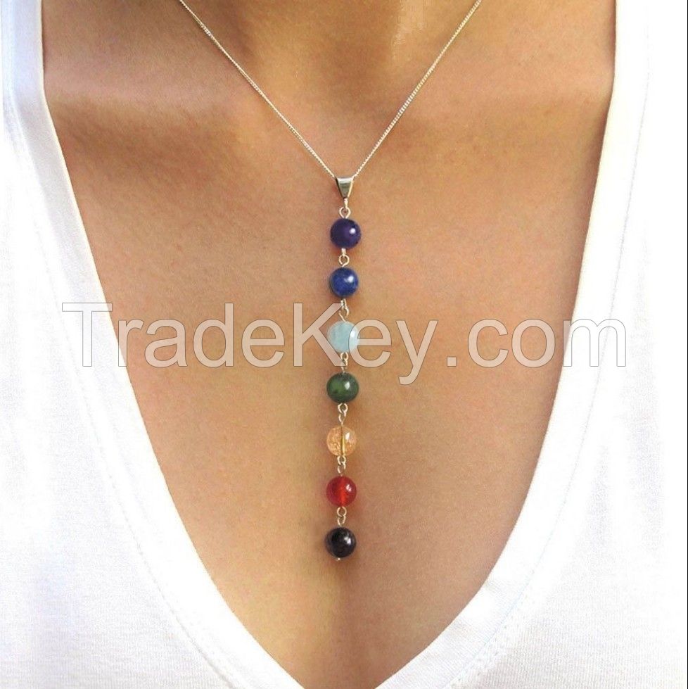 Multi color Chakra Beads Long Pendant Necklace