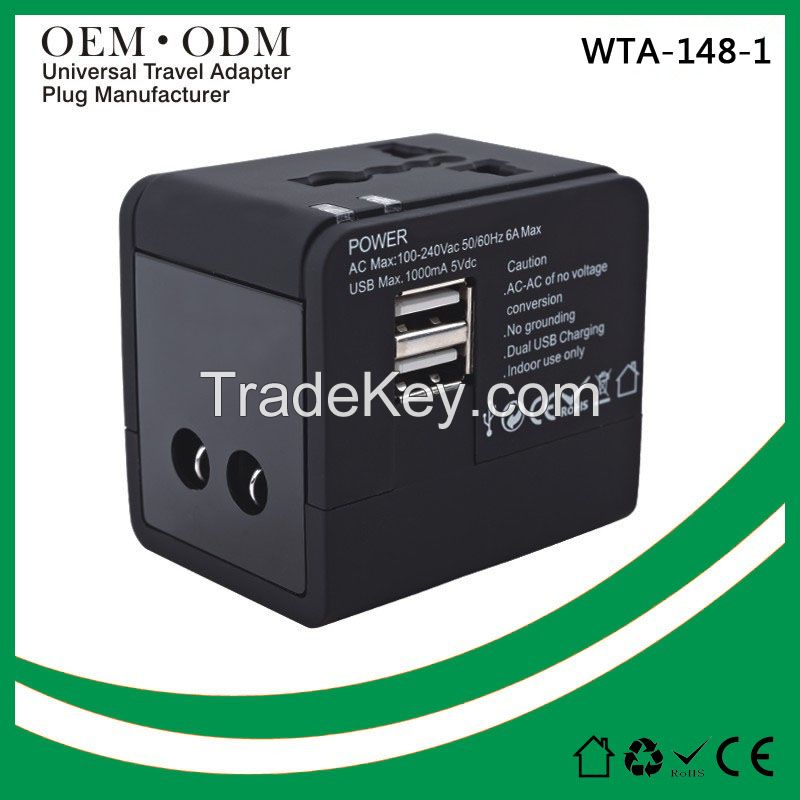 Universal travel adapter with USB charger