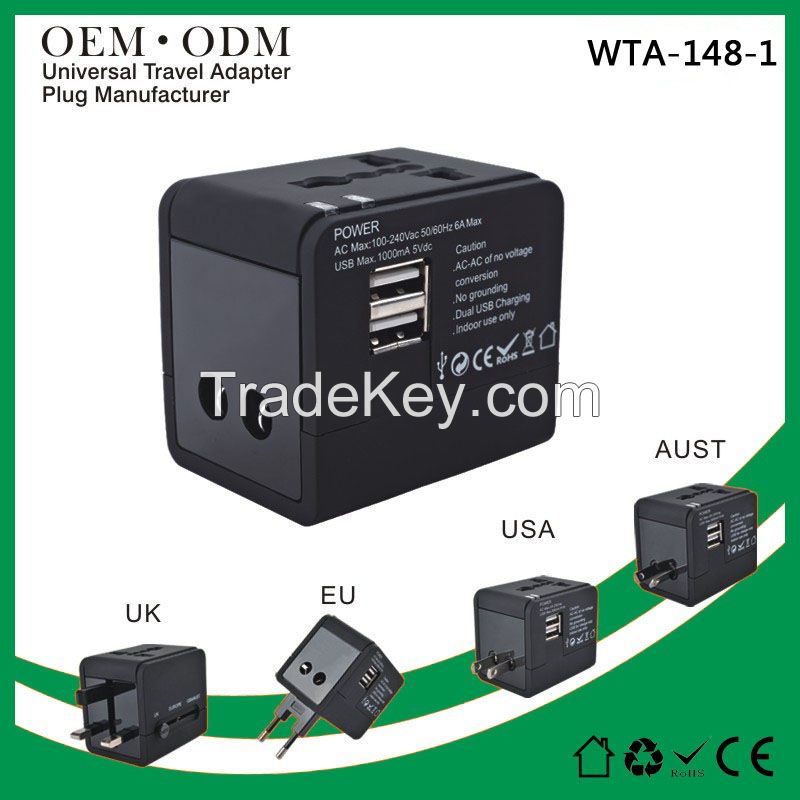 Universal travel adapter with USB charger