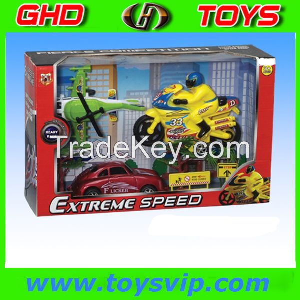 Pull power back Helicopter,Motorcyle with Car set toy