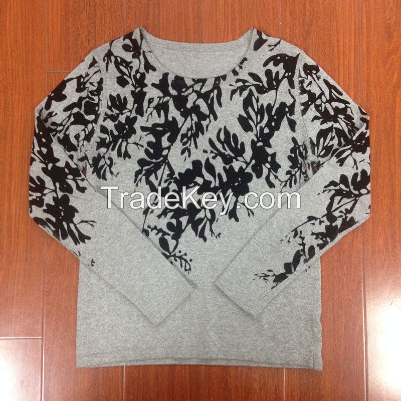 Women's Round Neck, Long Sleeve Sweater with Flocking Print On Front and Sleeves