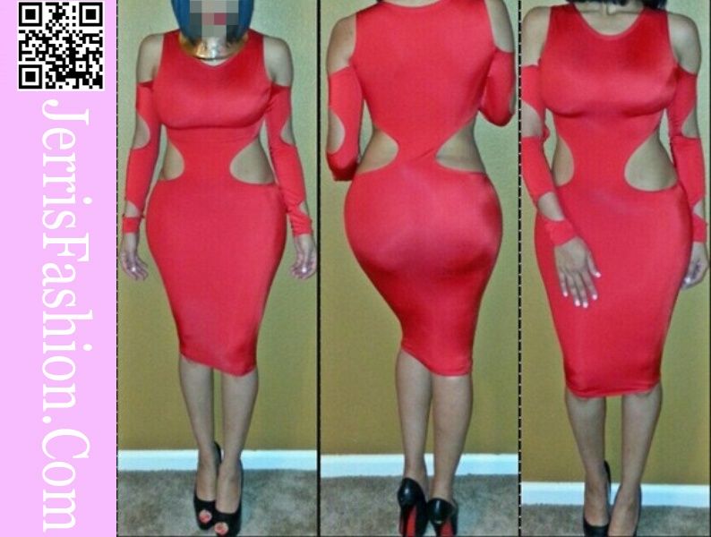 Long sleeve midi cut out sexy tight dress red