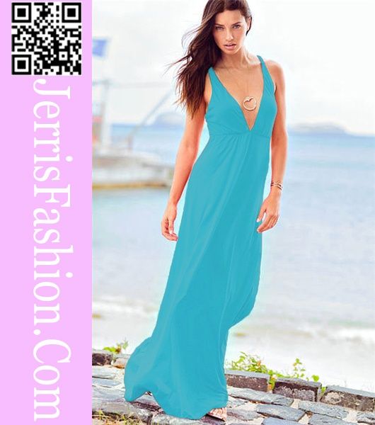 V neck blue crinkle chiffon dress style long beachwear