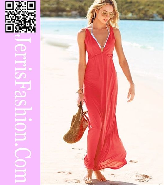 V neck red crinkle chiffon long dress beachwear for women