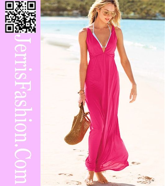 V neck rose crinkle chiffon dress beach dress for women