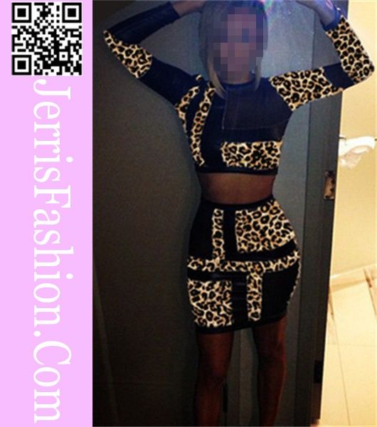 Hot sell leopard two piece spandex sexy tight dress porn club wear