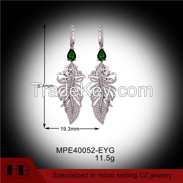 Emerald Micro Pave Zirconia Silver Plated Feather Earrings
