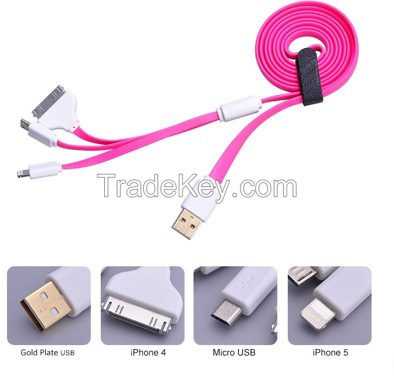 3in1 Injection gold plate USB Noodle cable for iPhone 6/6Plus/5/5C/5S, iPhone3G/4S, Micro USB device