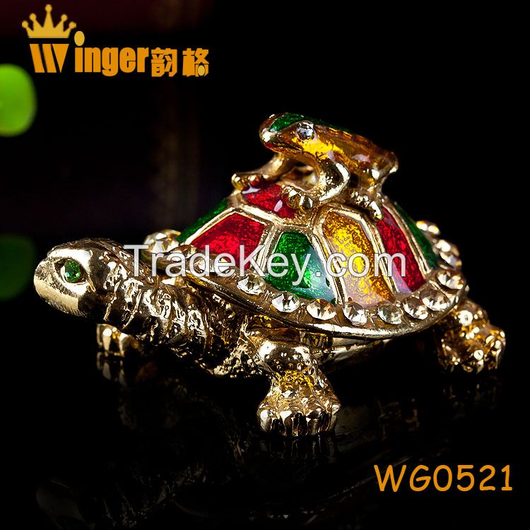 Hand Made Full Crystal Big Tortoise Gold Metal Crafts Feng Shui Home Decoration Vintage Animal Casket Wedding Rings Box Figurine