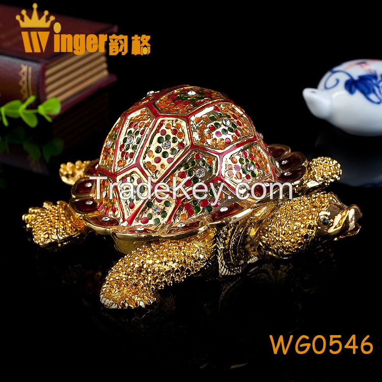 Hand Made Full Crystal Big Tortoise Gold Metal Crafts Feng Shui Home Decoration Vintage Animal Casket Wedding Rings Box Figurine