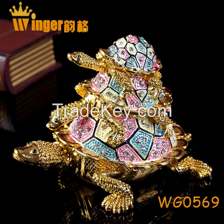 Hand Made Full Crystal Big Tortoise Gold Metal Crafts Feng Shui Home Decoration Vintage Animal Casket Wedding Rings Box Figurine