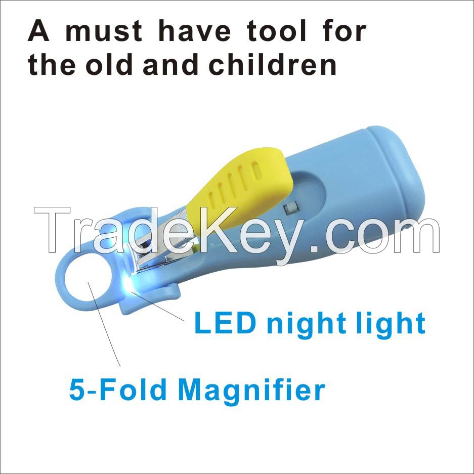 LED night light baby nail clipper with 5-fold magnifying glass