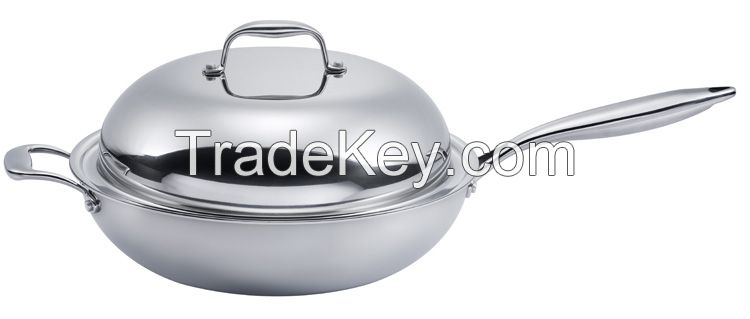 Cookplus Preminum 30cm Stainless Steel Wok with Lid and Long Handle