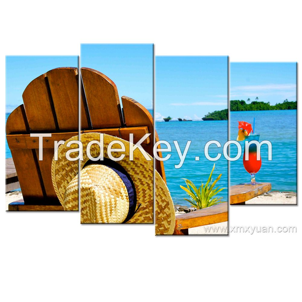Stretched Canvas Art, Leisure Beach Seascape Wall Pictures, Chair with cocktail, 4 panels a set , Wall Display Use