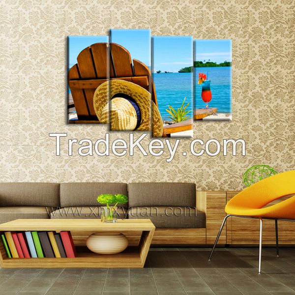 Stretched Canvas Art, Leisure Beach Seascape Wall Pictures, Chair with cocktail, 4 panels a set , Wall Display Use