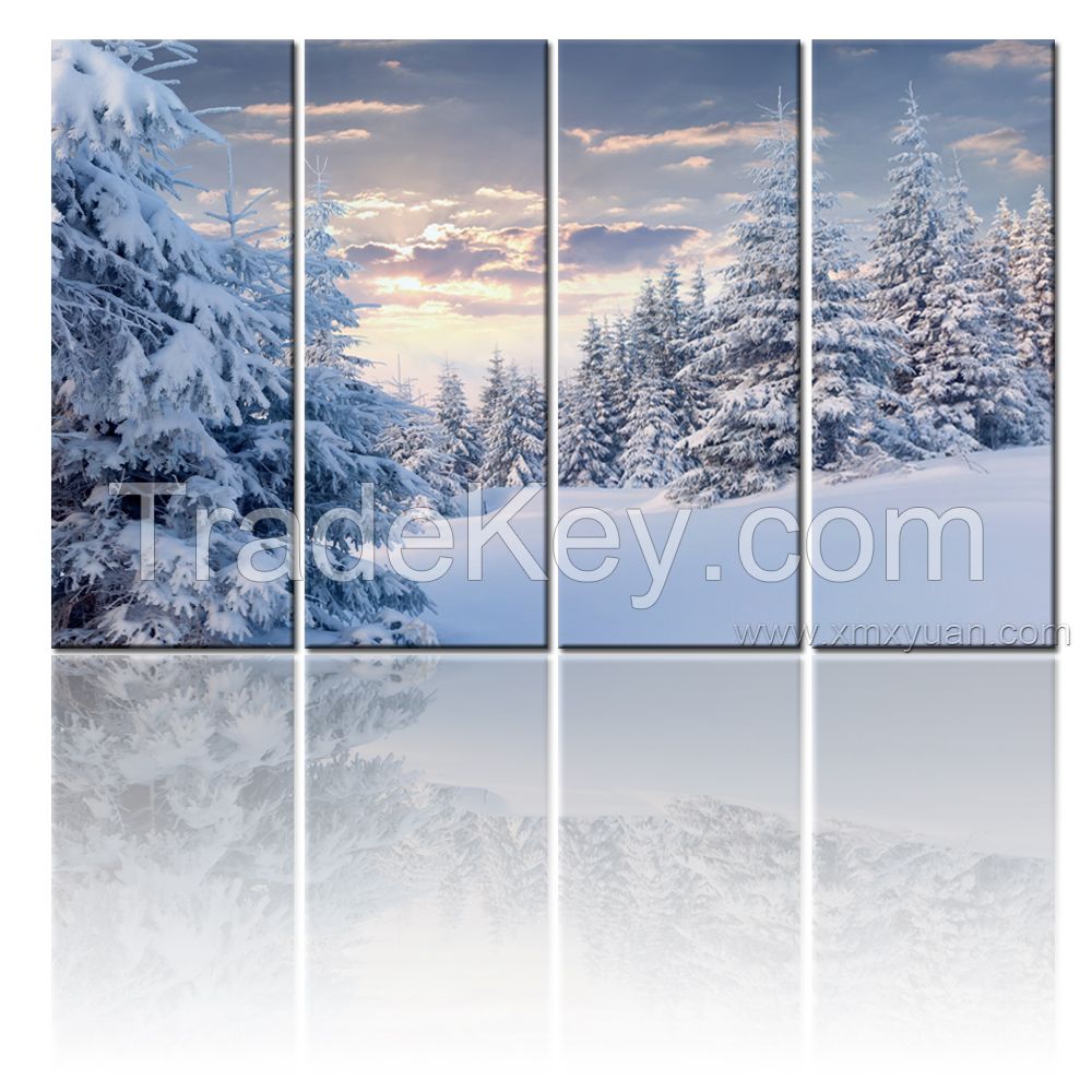 Canvas Wall Art, Gallery Wrap Frame, Snowy White Forest scenery, Wall Pictures Prints, 4 panels a set, Brighten Home Decor Use