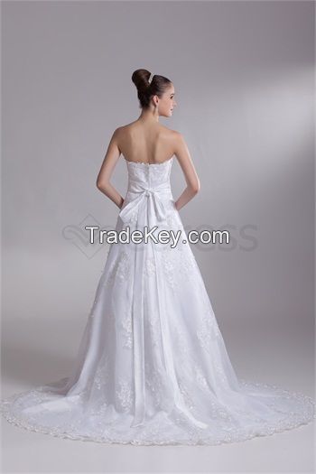 A-Line Sleeveless Sweetheart Satin Lace Wedding Dresses