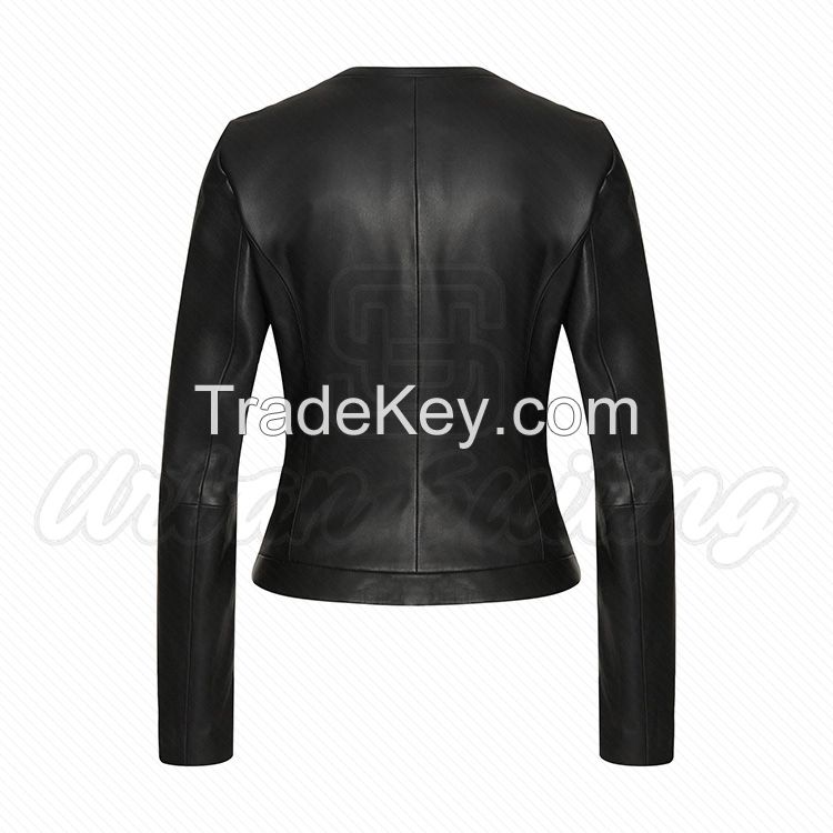 Women Leather Jacket with Quilted Front